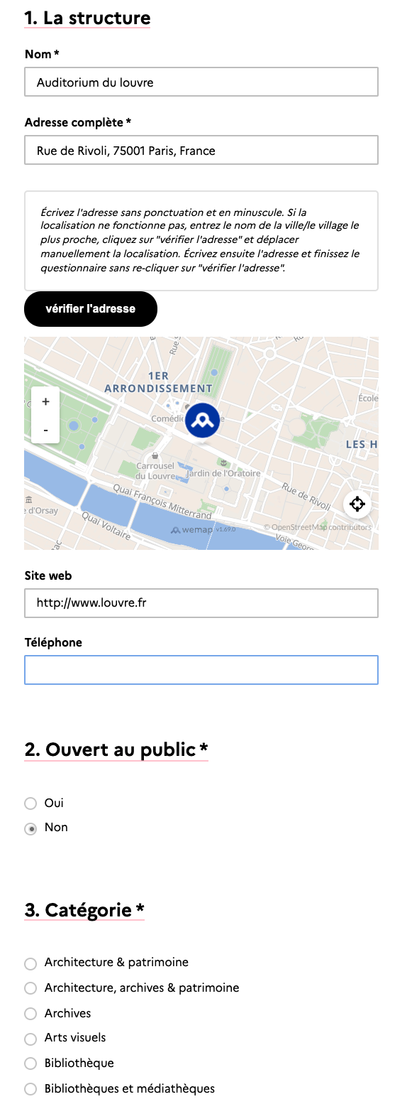 Formulaire de saisie pour la base des lieux du ministère de la Culture